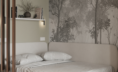 Лес на стене: как бесшовное панно стало сердцем интерьера арендной квартиры