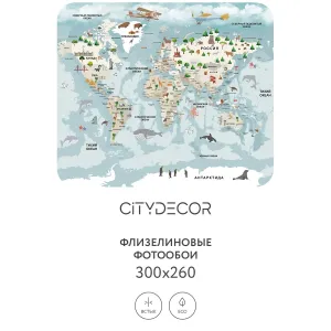 Фотообои рулонные Citydecor Детская (карта мира) 341 на флизелиновой основе 300x260 см