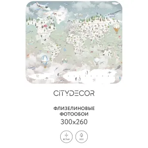Дизайнерские фотообои рулонные Citydecor Детская (карта мира) 351 на флизелиновой основе 300x260 см