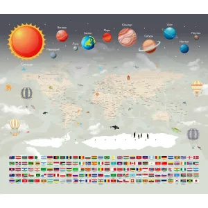 Дизайнерские фотообои рулонные Citydecor Карта мира &quot;Флаги и планеты&quot; на флизелиновой основе 300x260 см 
