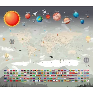 Дизайнерские фотообои рулонные Citydecor Карта мира &quot;Флаги и планеты&quot; 2 на флизелиновой основе 300x260 см 
