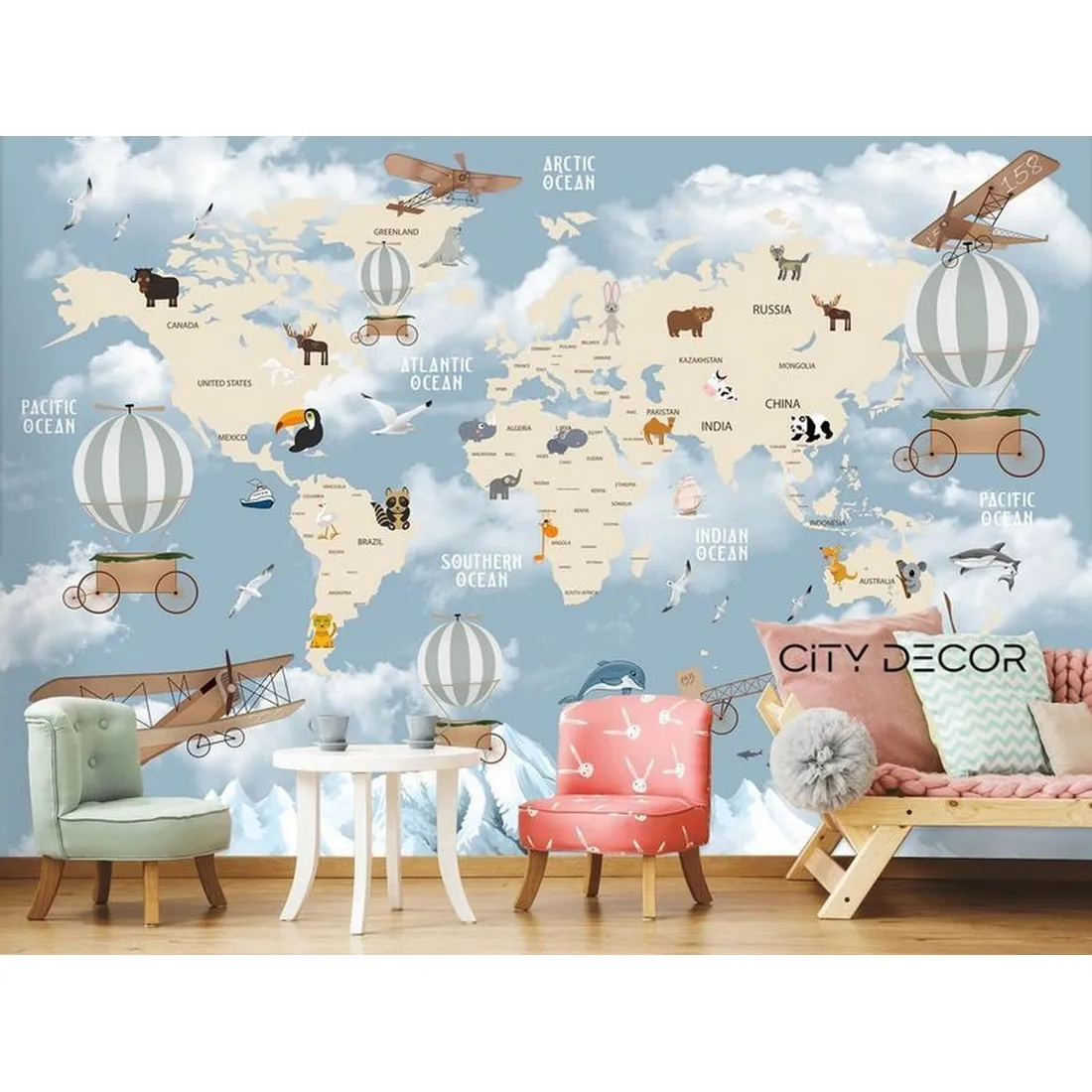 Фотообои на заказ по индивидуальному размеру Citydecor Детская (карта мира) 24