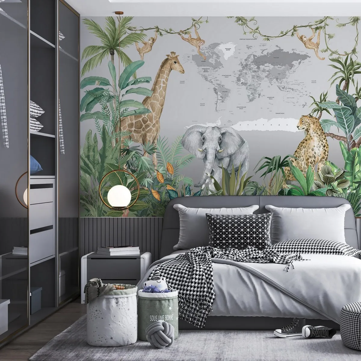 Фотообои на заказ по индивидуальному размеру Citydecor Детская (карта мира) Джунгли зовут 34