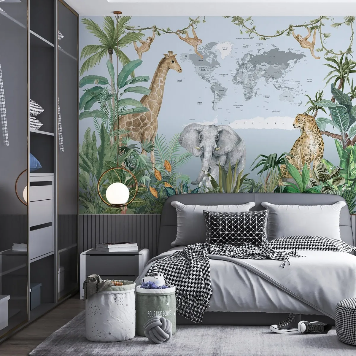 Фотообои на заказ по индивидуальному размеру Citydecor Детская (карта мира) Джунгли зовут 36