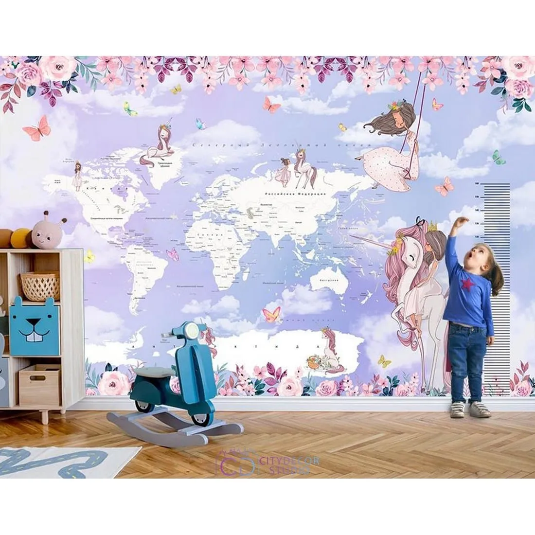 Дизайнерские фотообои по индивидуальному размеру Citydecor Princess (карта мира с ростомером) 17