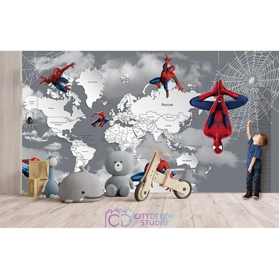 Дизайнерские фотообои по индивидуальному размеру Citydecor Superhero (карта мира с ростомером) Spider-Man 5