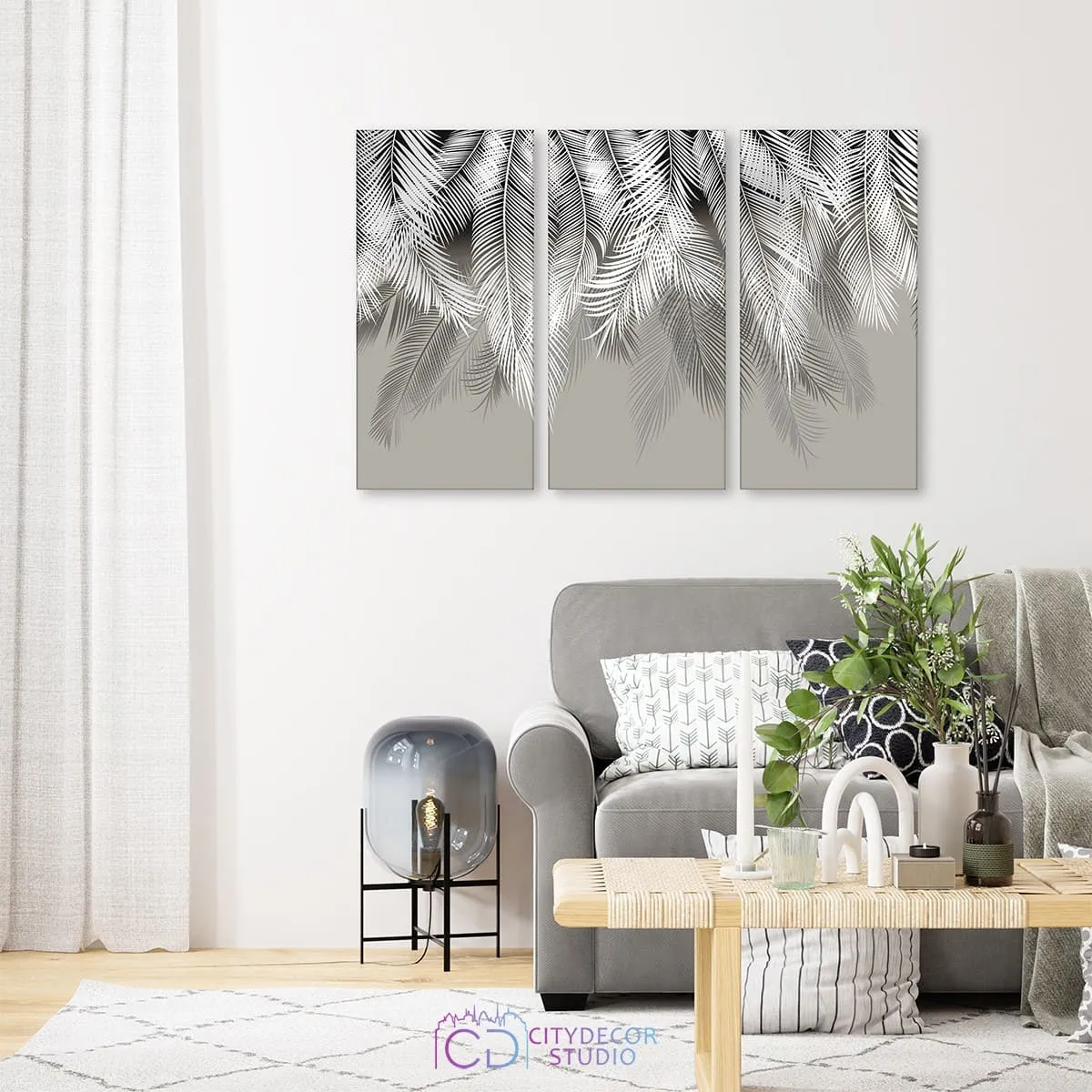 Модульная картина Citydecor Пальмовые листья (серый) арт. 7.133 (3 модуля) 75x117 см