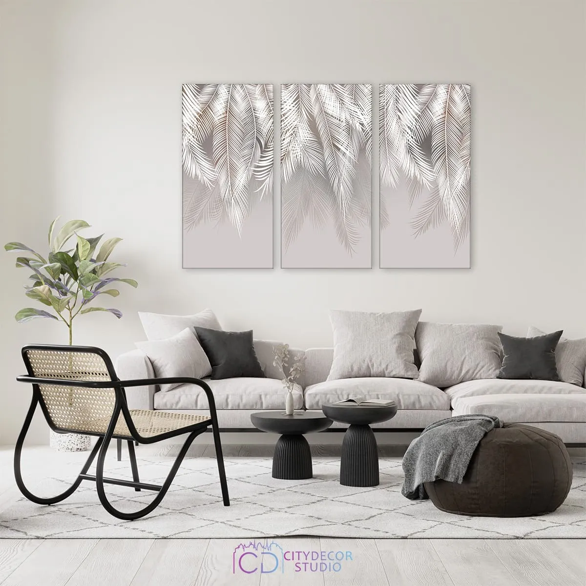 Модульная картина Citydecor Пальмовые листья с оттенком (светло-серые) арт. 7.134 (3 модуля) 75x117 см