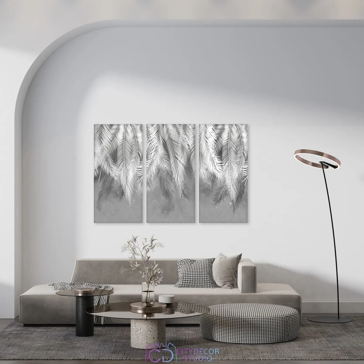 Модульная картина Citydecor Пальмовые листья (серый гранж) арт. 7.135 (3 модуля) 75x117 см