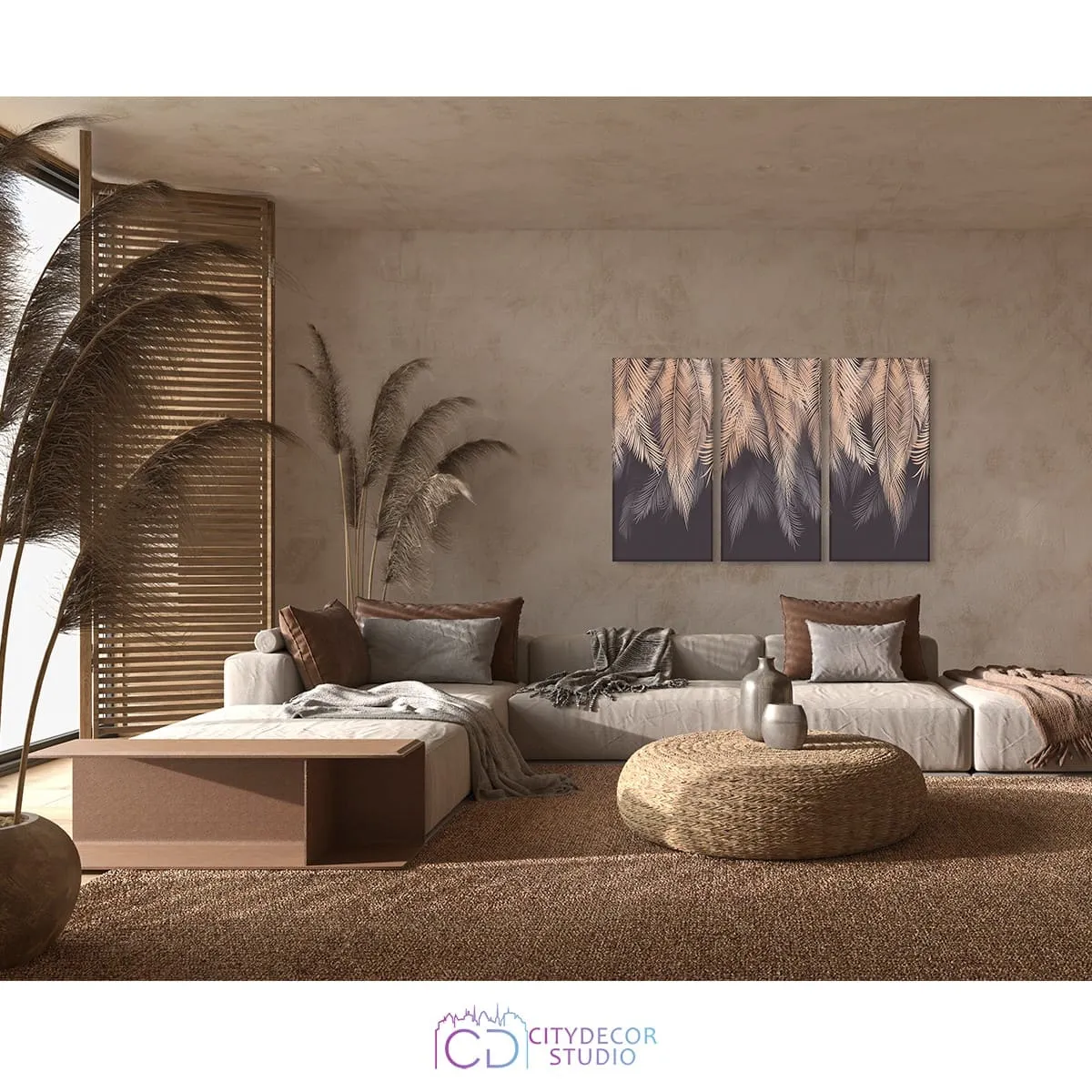 Модульная картина Citydecor Пальмовые листья с оттенком (бежевый-серый) арт. 7.146 (3 модуля) 75x117 см