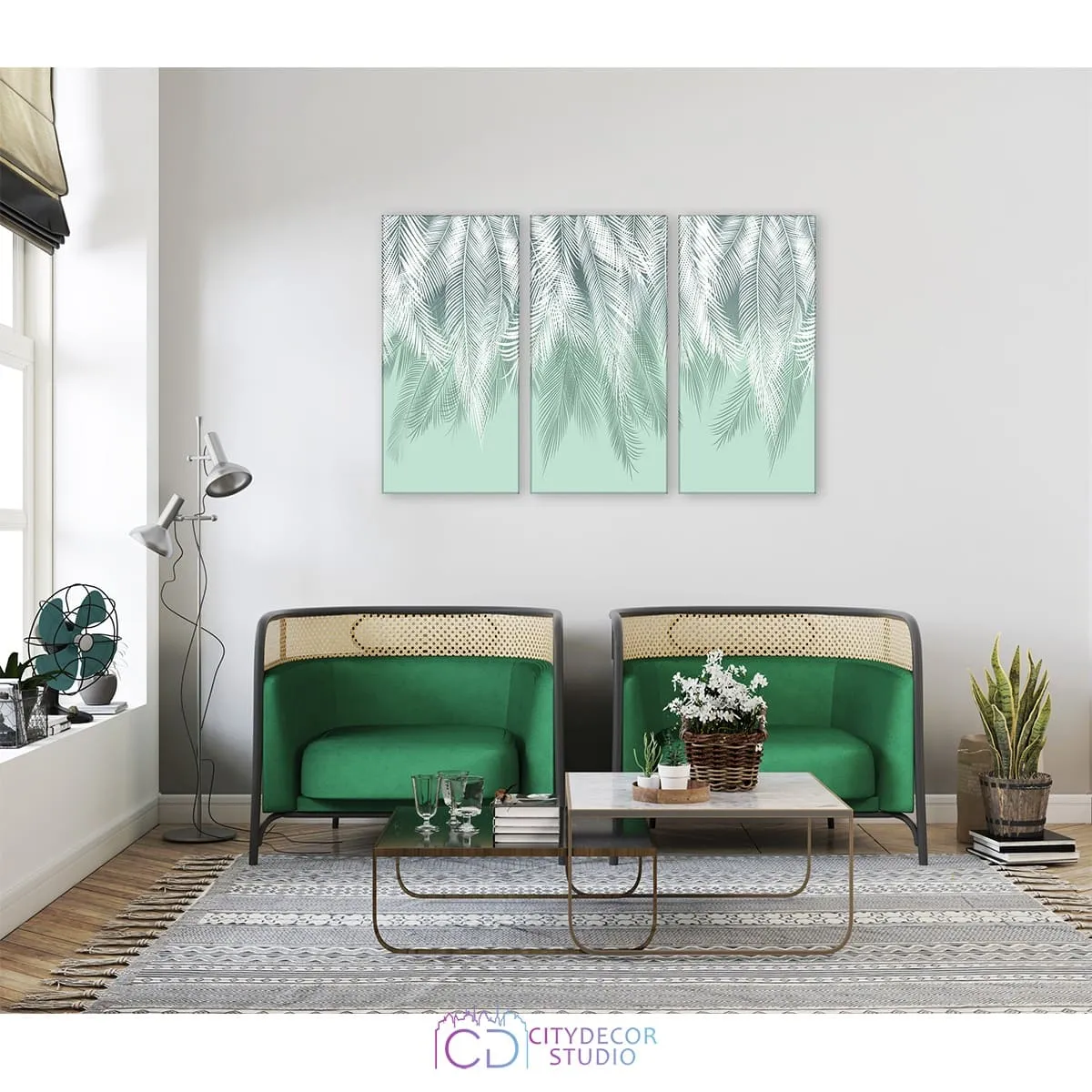 Модульная картина Citydecor Пальмовые листья (бирюзовый) арт. 7.149 (3 модуля) 75x117 см
