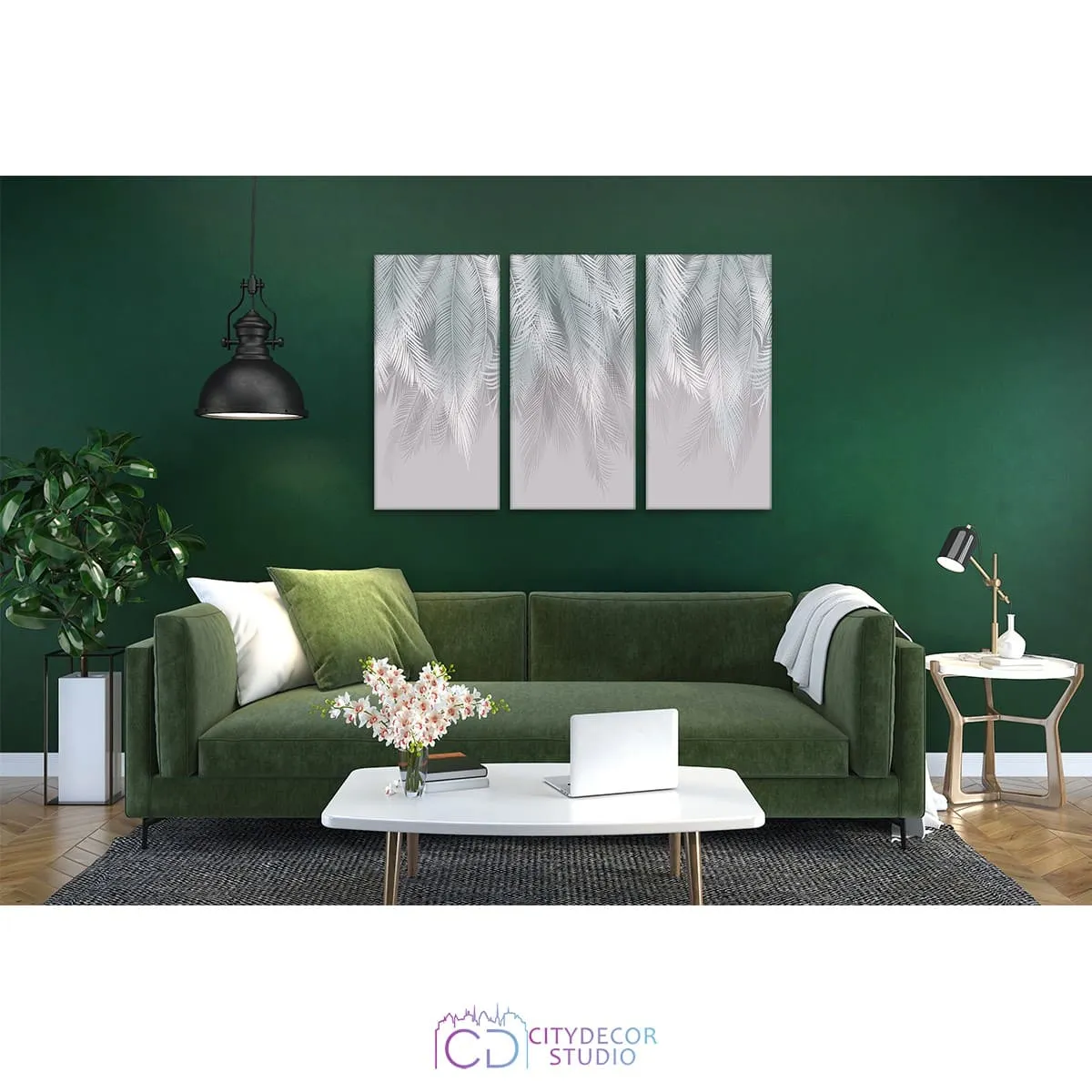 Модульная картина Citydecor Пальмовые листья с оттенком (бирюза-серый) арт. 7.150 (3 модуля) 75x117 см