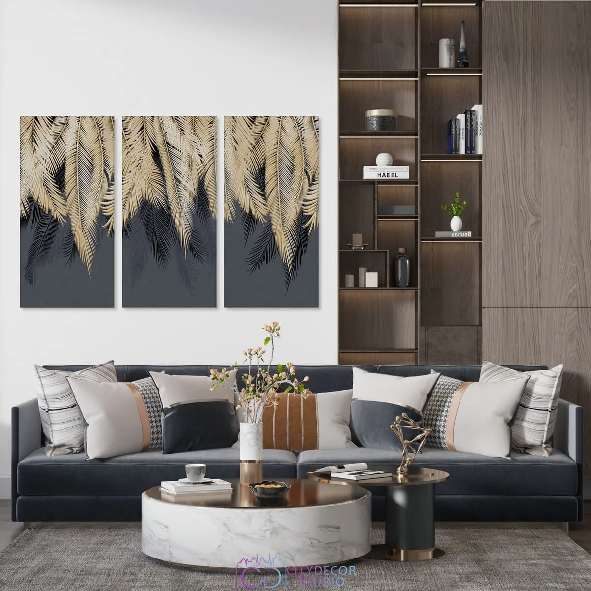 Модульная картина Citydecor Пальмовые листья с оттенком (золотой-синий) арт. 7.154 (3 модуля) 75x117 см