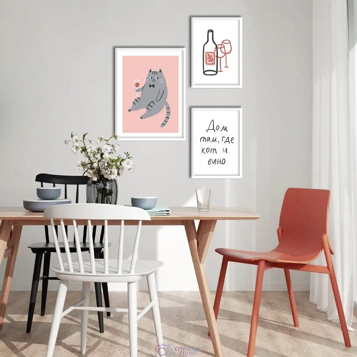 Набор дизайнерских постеров Citydecor Кот с вином арт. 2 (2 постера размером 21x30 см и 1 постер 30x40 см без рам)