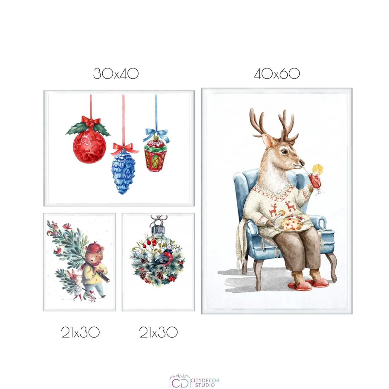 Набор постеров Citydecor New Year арт. 4 (2 постера размером 21x30 см, 1 постер 30x40 см и 1 постер 40x60 см без рам)