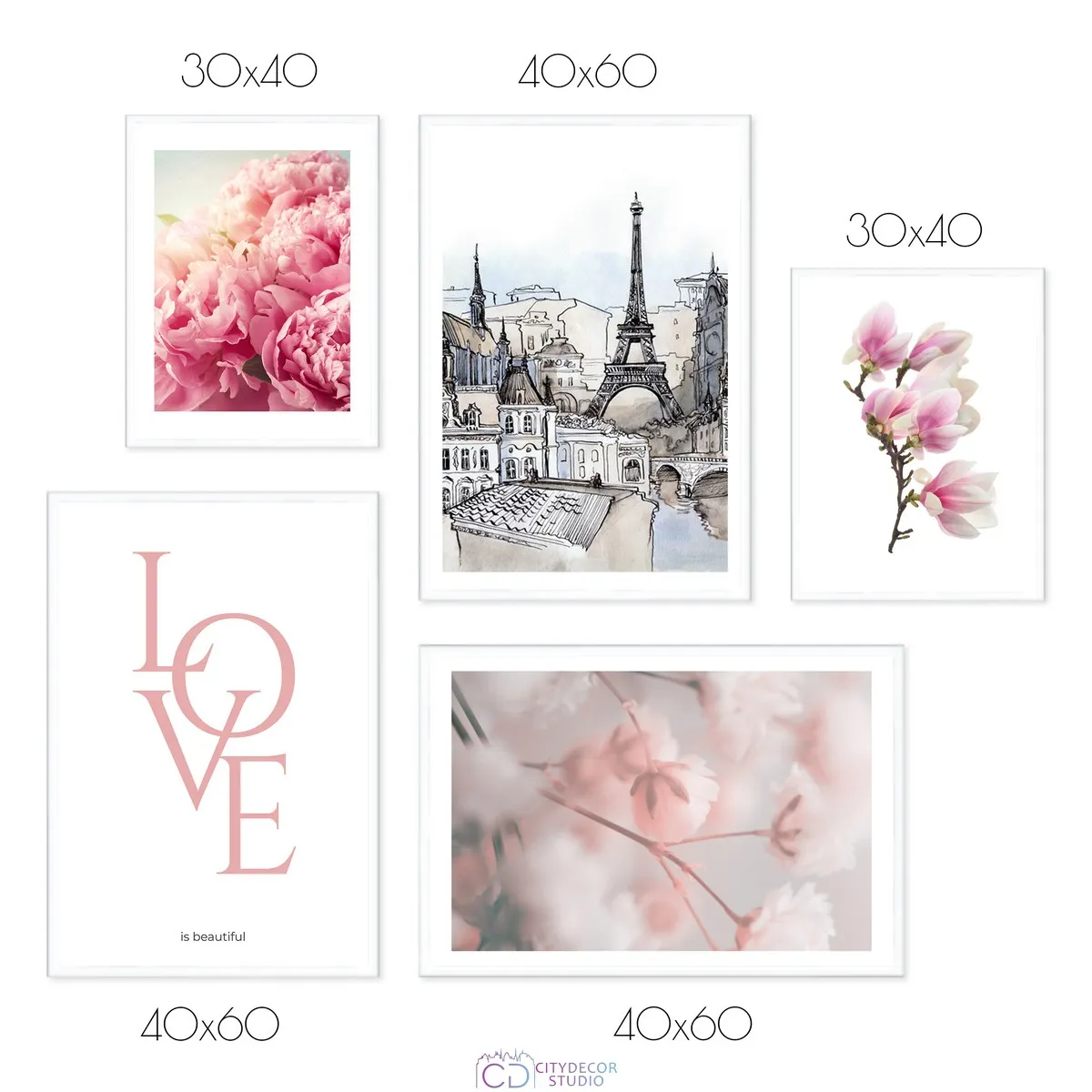 Набор постеров Citydecor Romantic арт. 2 (2 постера размером 30x40 см и 3 постера 40x60 см без рам)