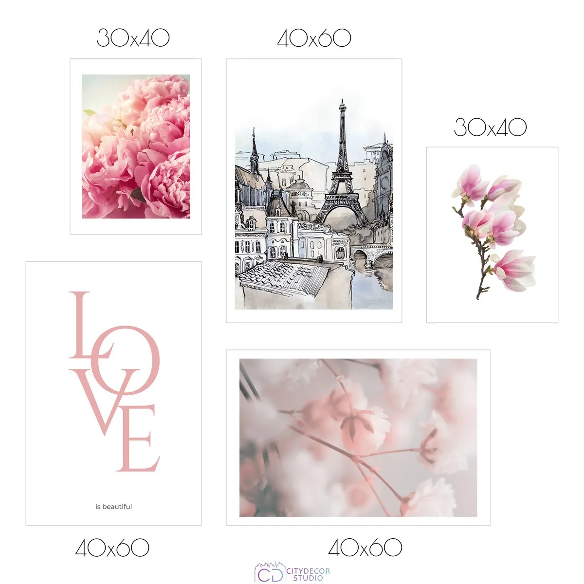 Набор постеров Citydecor Romantic арт. 2 (2 постера размером 30x40 см и 3 постера 40x60 см без рам)