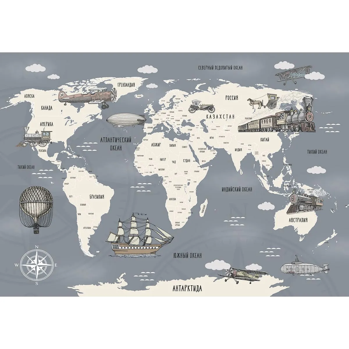 Фотообои рулонные Citydecor Карта мира на русском 9 на флизелиновой основе 200x140 см