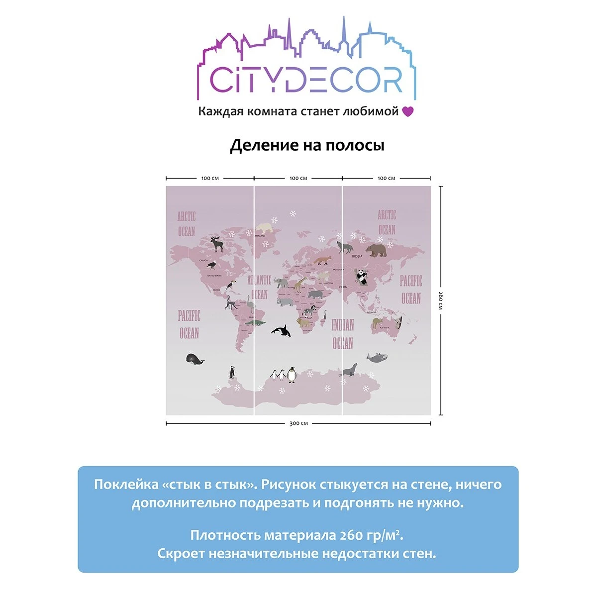 Фотообои рулонные Citydecor Детская (карта мира) 18 на флизелиновой основе 300x260 см