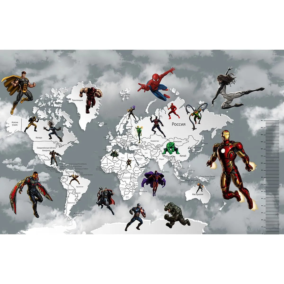 Дизайнерские фотообои рулонные Citydecor Superhero (карта мира с ростомером) 4 на флизелиновой основе 400x260 см