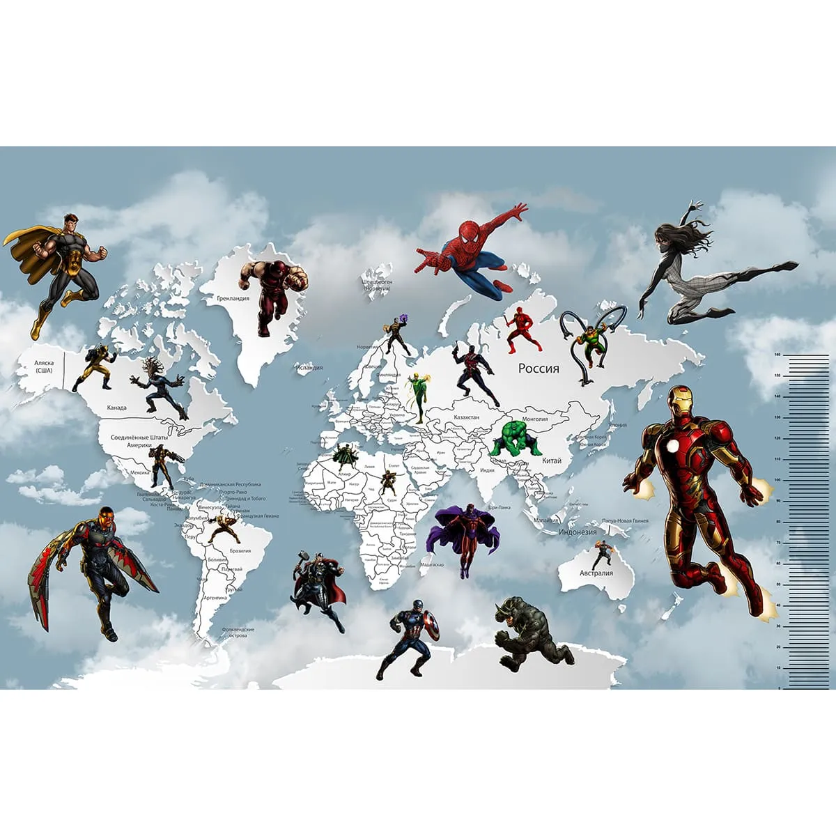 Дизайнерские фотообои рулонные Citydecor Superhero (карта мира с ростомером) 5 на флизелиновой основе 400x260 см