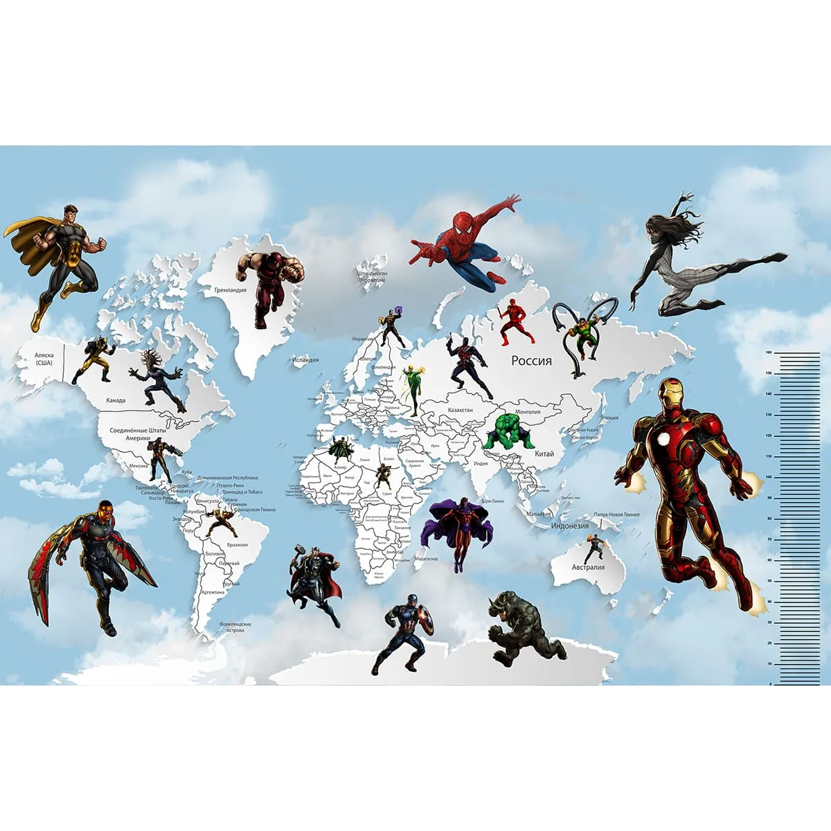 Дизайнерские фотообои рулонные Citydecor Superhero (карта мира с ростомером) 6 на флизелиновой основе 400x260 см