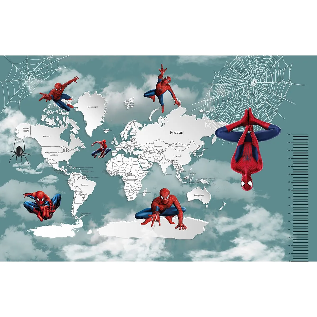 Дизайнерские фотообои рулонные Citydecor Superhero (карта мира с ростомером) Spider-Man 6 на флизелиновой основе 400x260 см