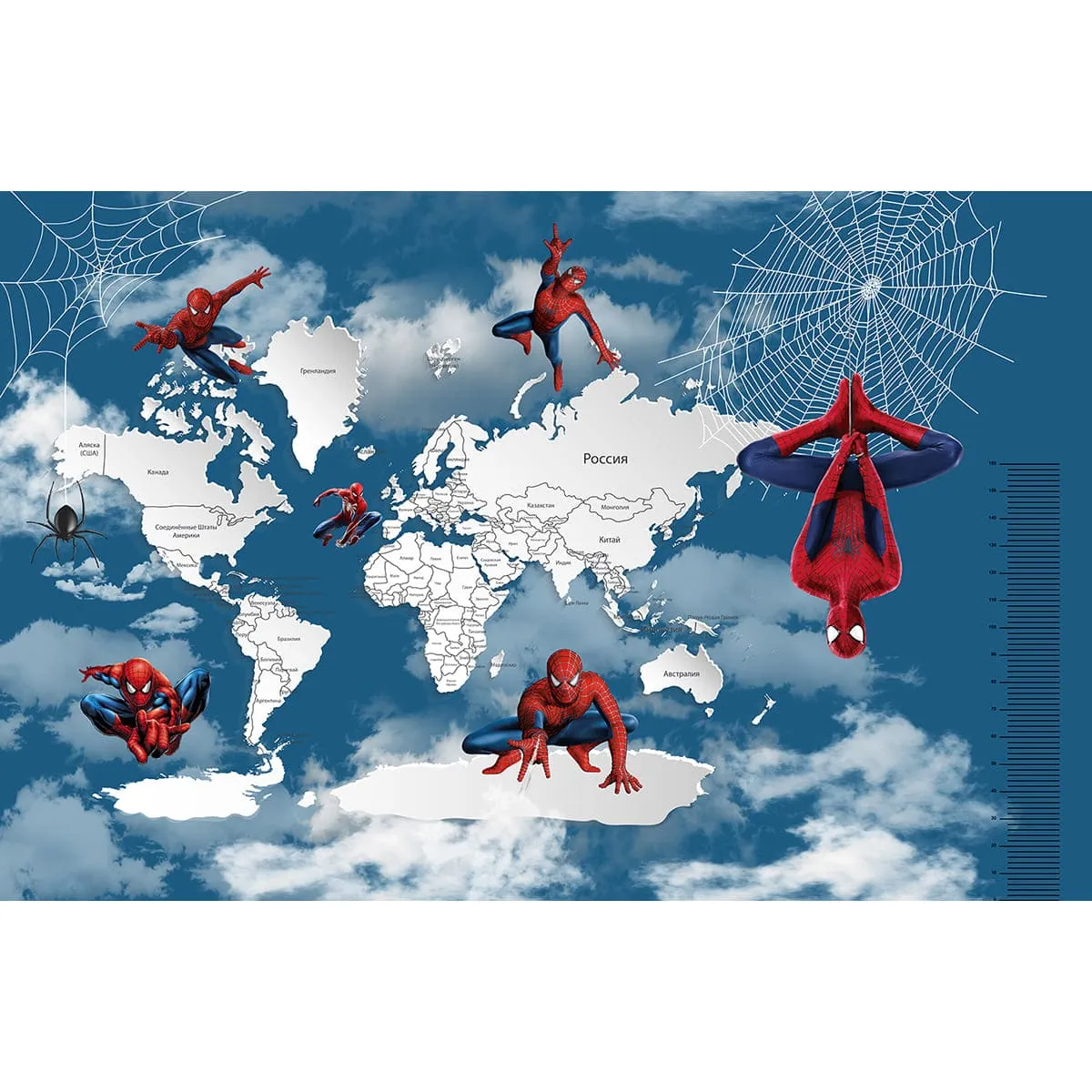 Дизайнерские фотообои рулонные Citydecor Superhero (карта мира с ростомером) Spider-Man 8 на флизелиновой основе 400x260 см