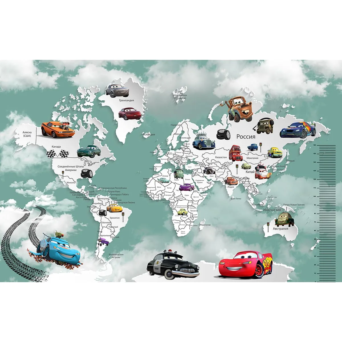 Дизайнерские фотообои рулонные Citydecor Superhero Молния МакКвин (карта мира с ростомером) 5 на флизелиновой основе 400x260 см