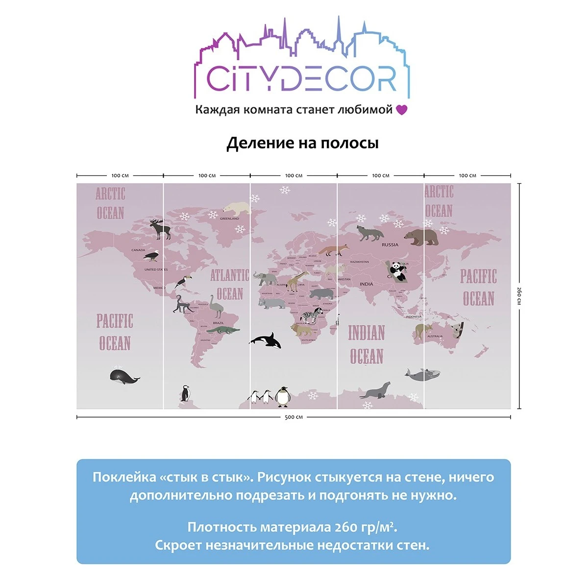 Фотообои рулонные Citydecor Детская (карта мира) 18 на флизелиновой основе 500x260 см