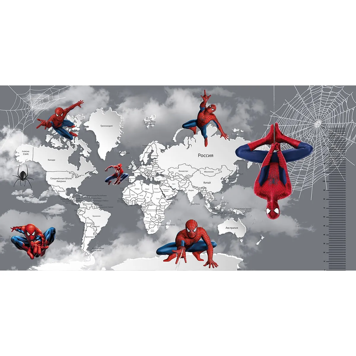 Дизайнерские фотообои рулонные Citydecor Superhero (карта мира с ростомером) Spider-Man 5 на флизелиновой основе 500x260 см