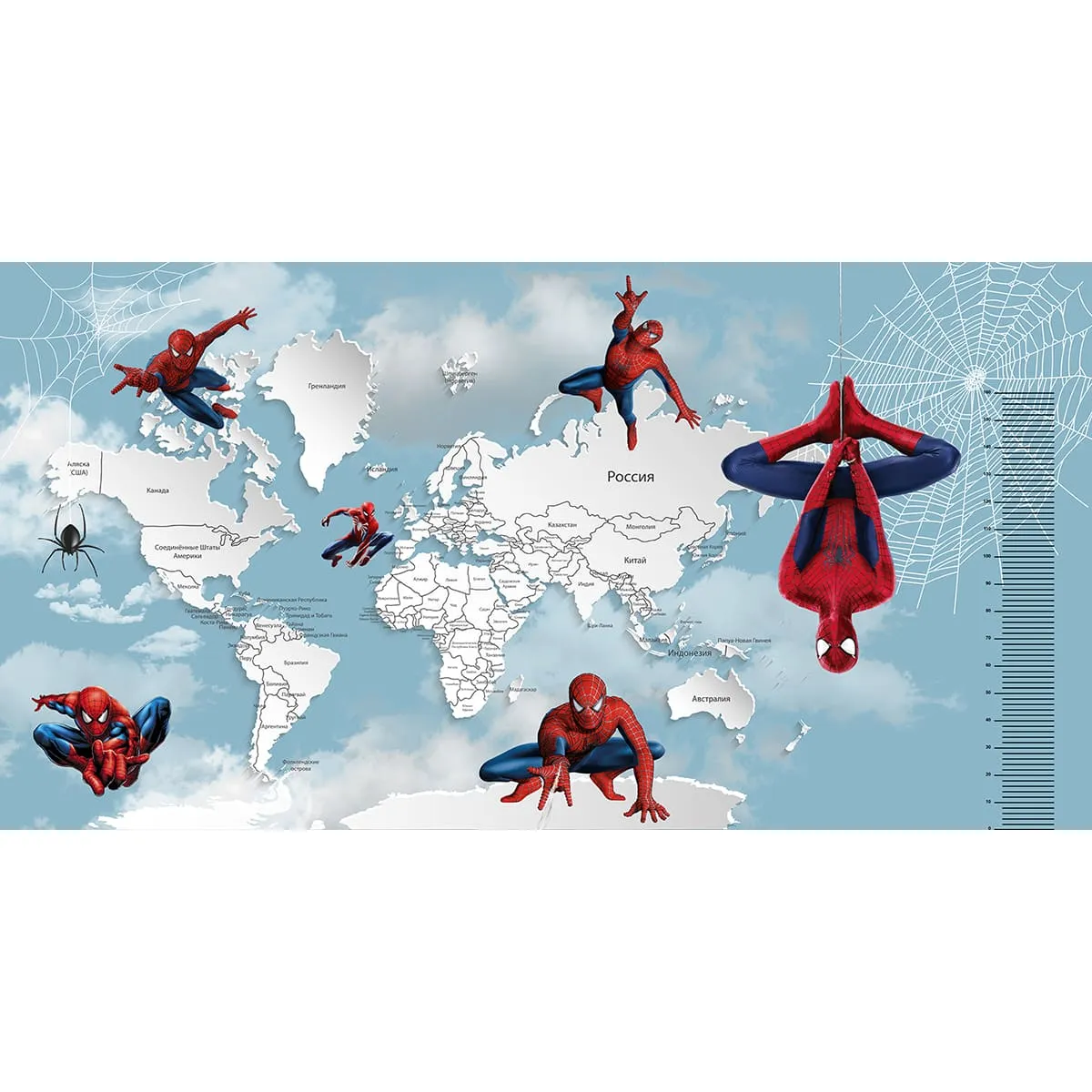 Бесшовное дизайнерское панно Citydecor Superhero (карта мира с ростомером) Spider-Man 7 на флизелиновой основе 500x270 см