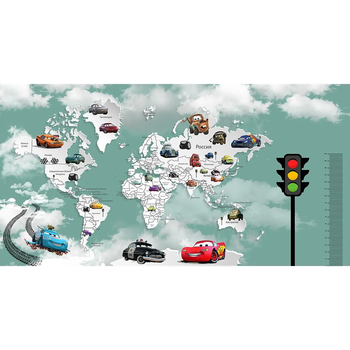 Дизайнерские фотообои рулонные Citydecor Superhero Молния МакКвин (карта мира с ростомером) 5 на флизелиновой основе 500x260 см