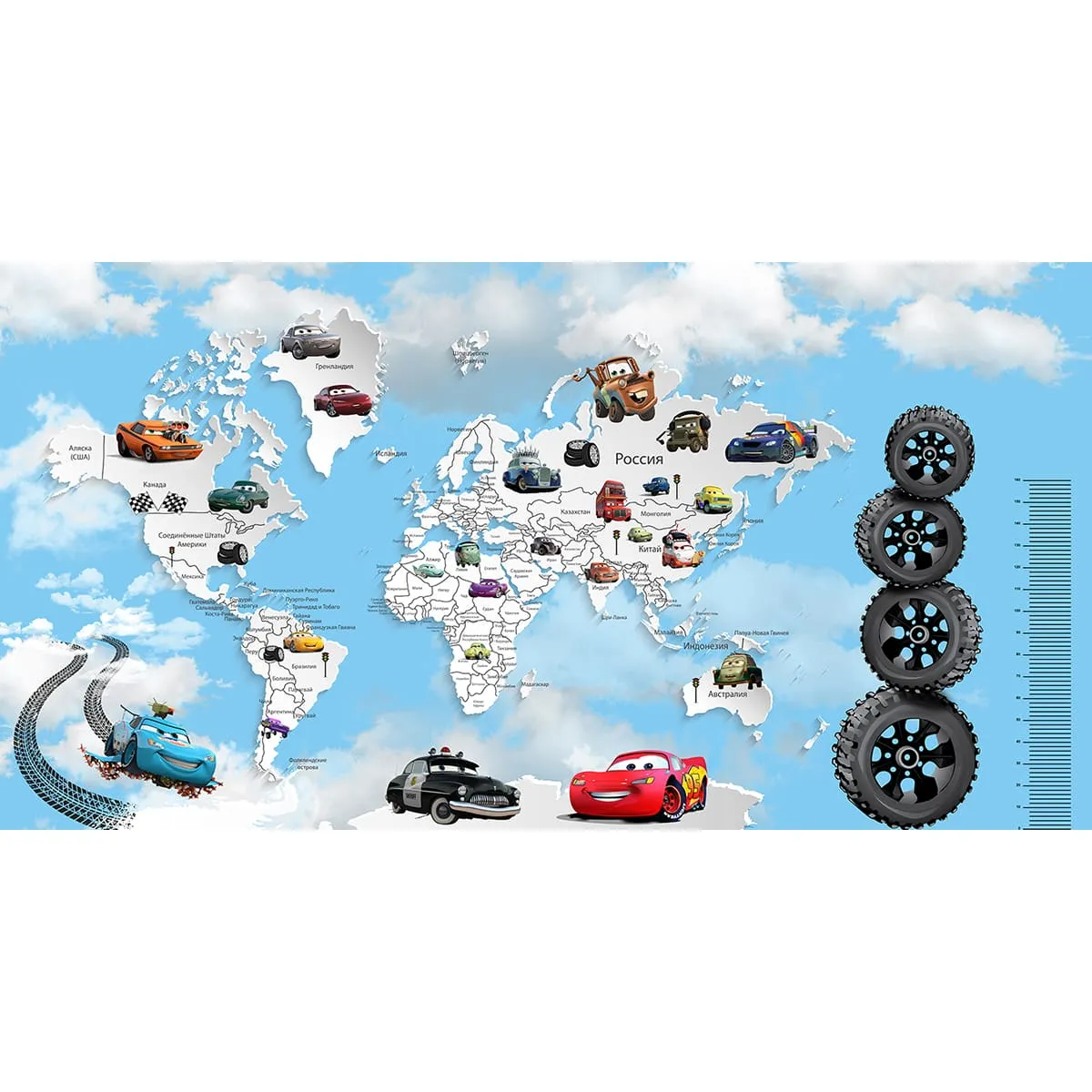 Дизайнерские фотообои рулонные Citydecor Superhero Молния МакКвин (карта мира с ростомером) 6 на флизелиновой основе 500x260 см