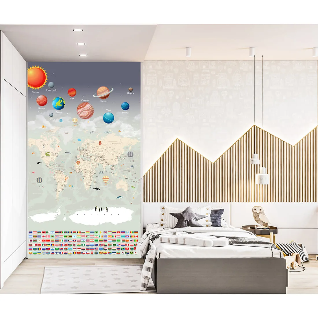 Бесшовное дизайнерское панно Citydecor Карта мира "Флаги и Планеты" на флизелиновой основе 500x270 см