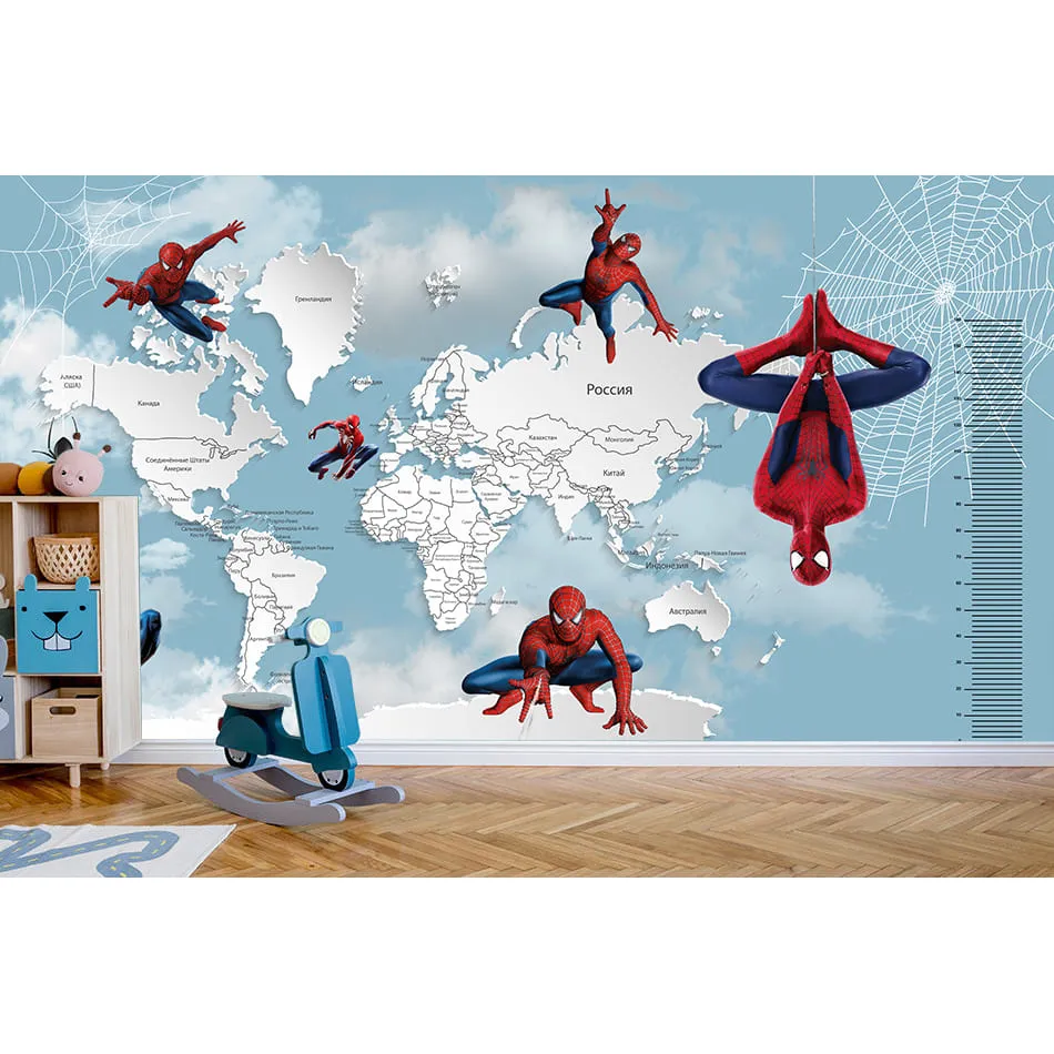 Бесшовное дизайнерское панно Citydecor Superhero (карта мира с ростомером) Spider-Man 7 на флизелиновой основе 500x270 см