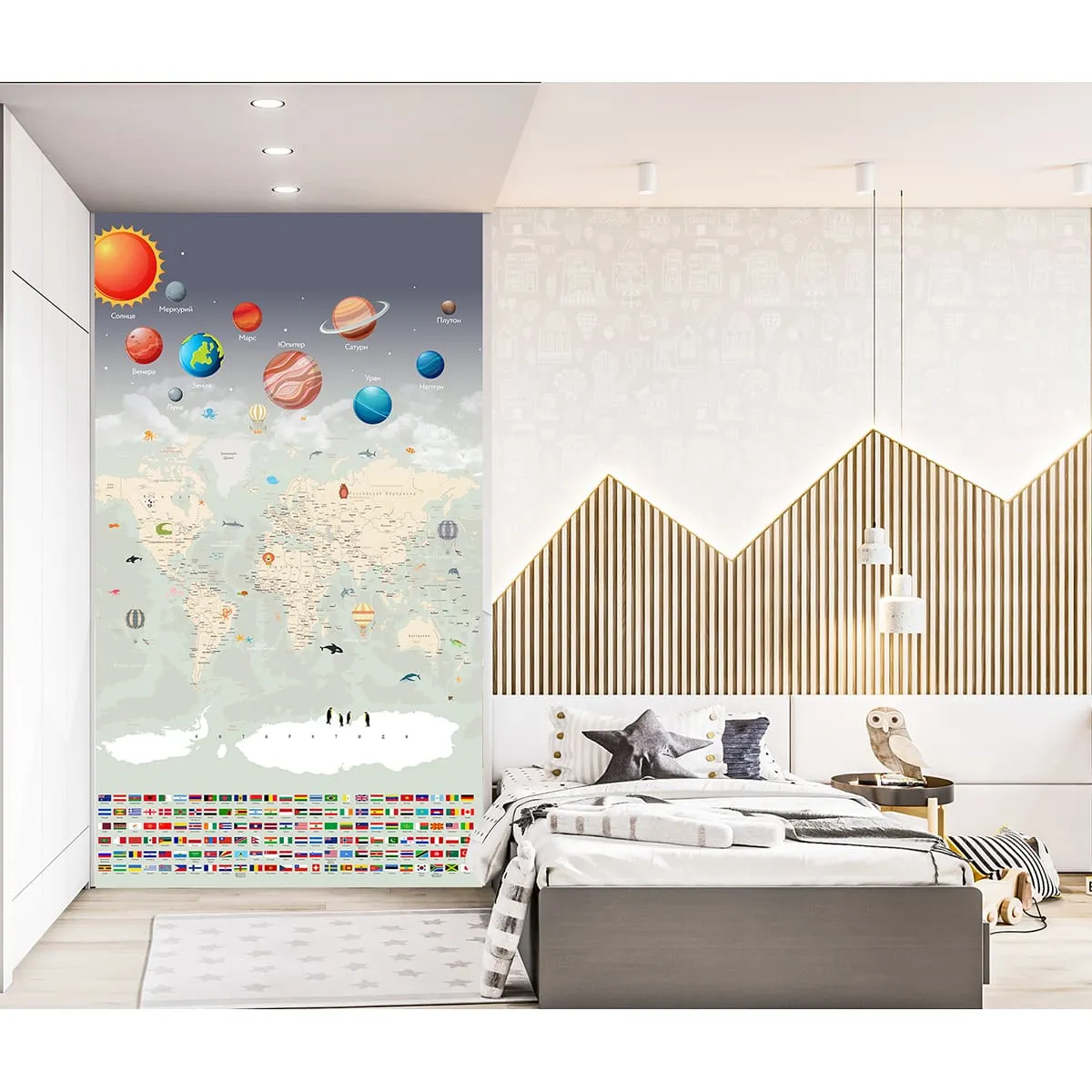 Дизайнерские фотообои рулонные Citydecor Карта мира "Флаги и планеты" на флизелиновой основе 300x260 см 