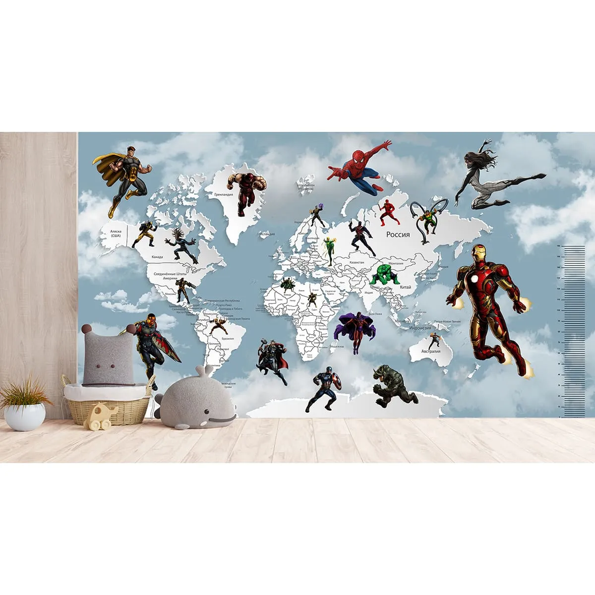 Дизайнерские фотообои рулонные Citydecor Superhero (карта мира с ростомером) 5 на флизелиновой основе 400x260 см